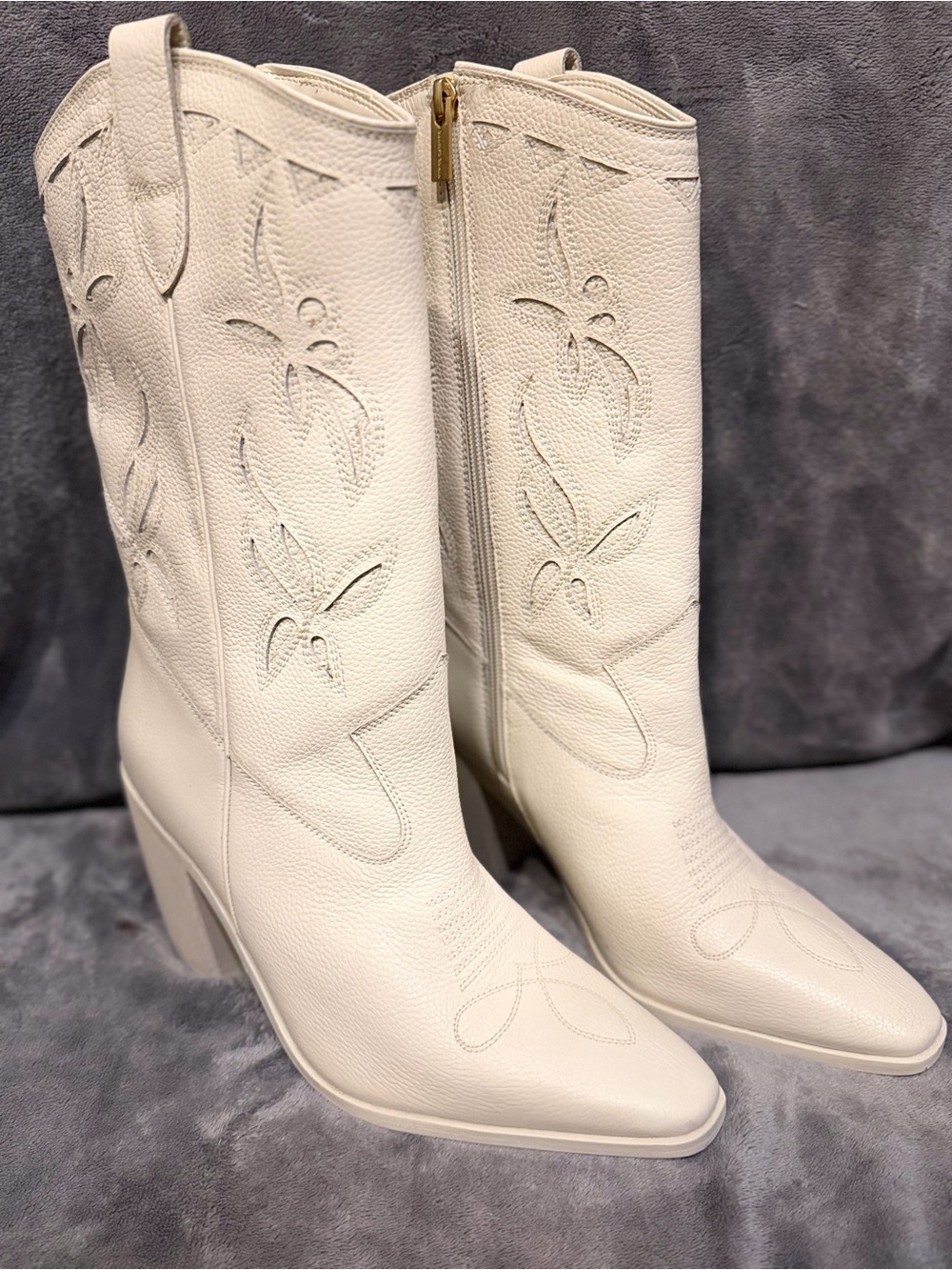 Vince Camuto Cream Embossed Western Block Heel Boots